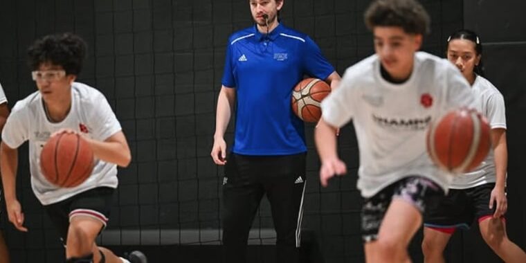 Youth basketball players competing at DME Academy’s Dubai Showcase in April 2025
